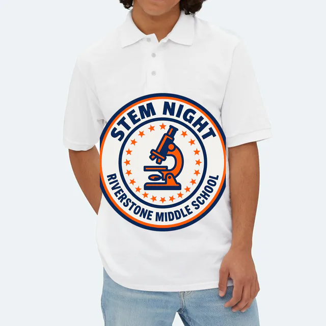 A microscope badge for Riverstone Middle School STEM night, on a white adult polo