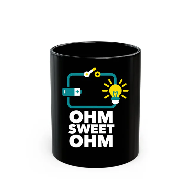 A battery, switch and glowing bulb, OHM SWEET OHM, on a black mug