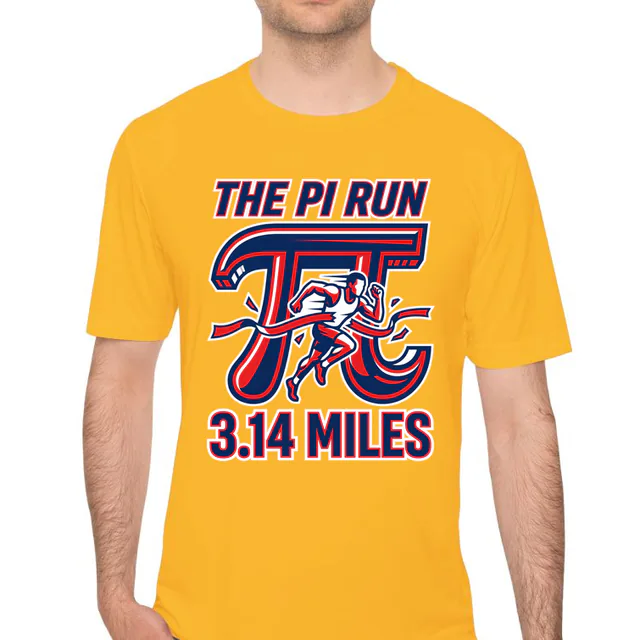 A runner bursting through a pi-symbol arch, THE PI RUN, on a gold performance tee