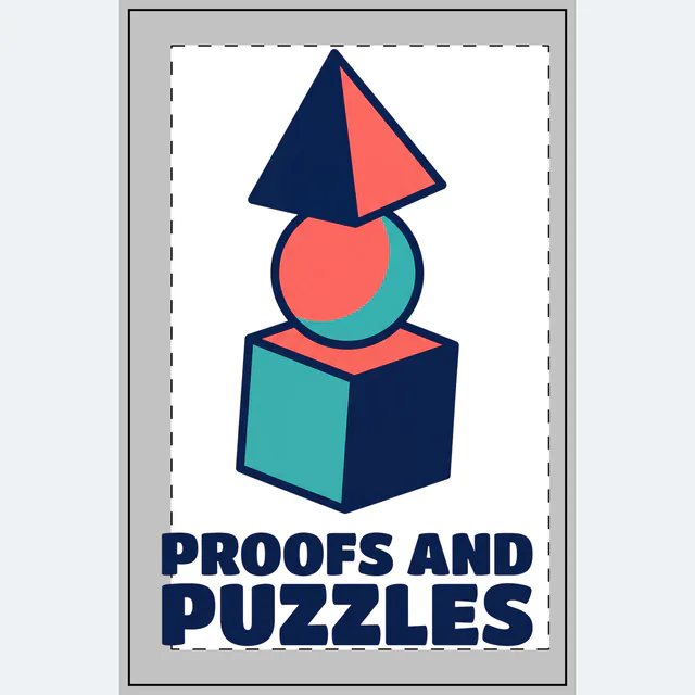 A tower of cube, pyramid and sphere, PROOFS AND PUZZLES, on a white dotted notebook