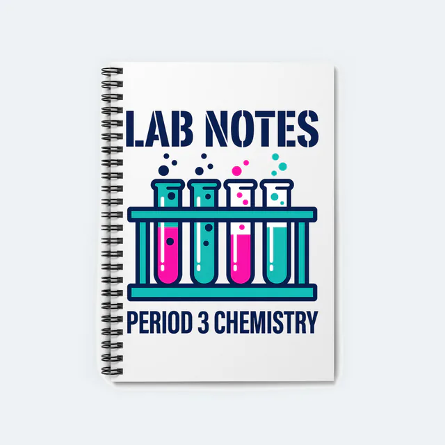 A rack of bubbling test tubes, LAB NOTES for chemistry, on a white spiral notebook