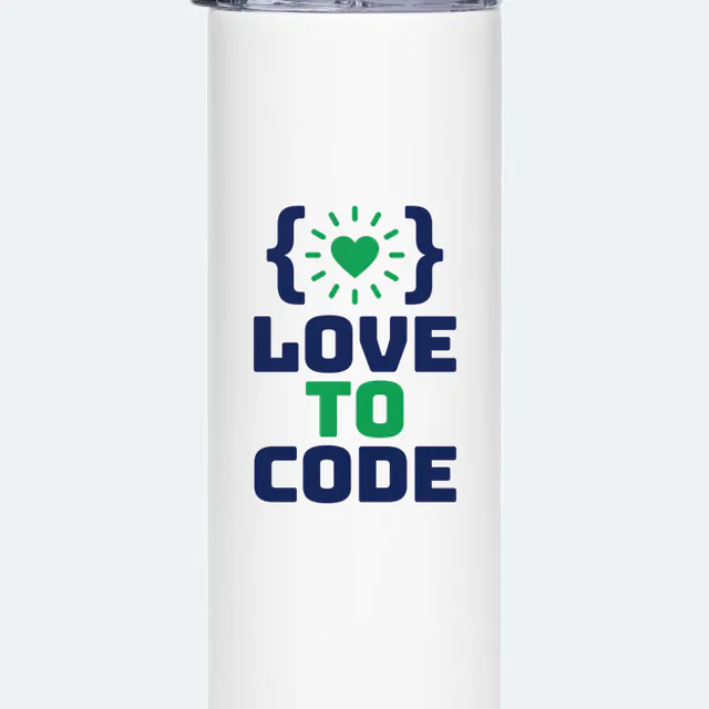 Curly braces around a heart, LOVE TO CODE, on a white steel tumbler