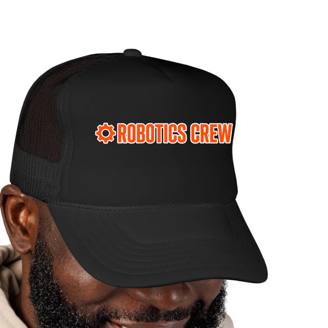 A small gear beside ROBOTICS CREW, on a black foam trucker hat