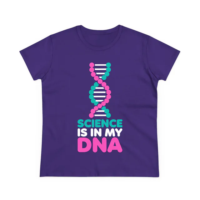 A twisting double helix, SCIENCE IS IN MY DNA, on a purple women's t-shirt