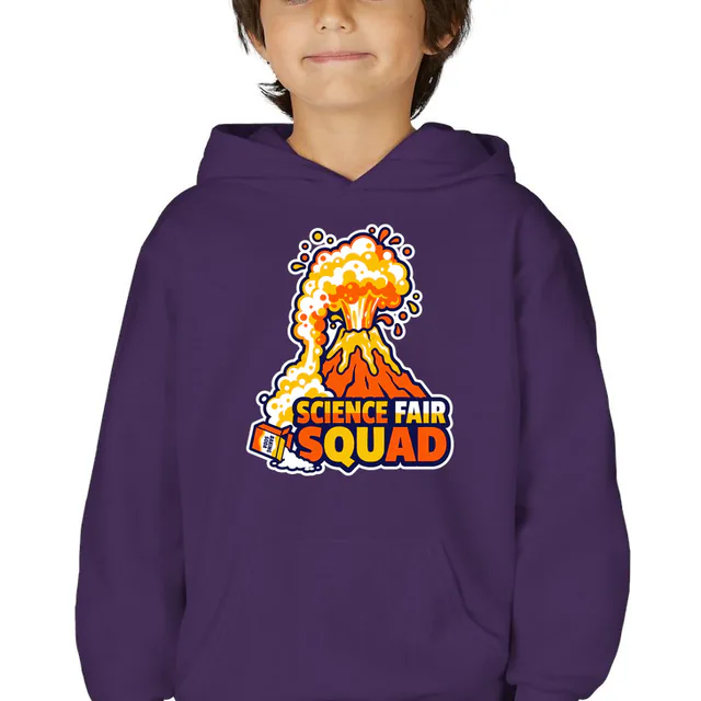 An erupting baking soda volcano, SCIENCE FAIR SQUAD, on a purple youth hoodie