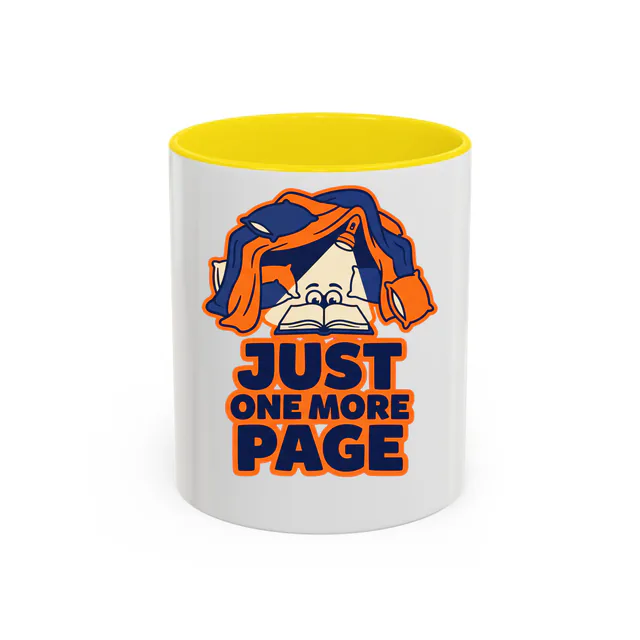 Eyes peeking from a flashlit blanket fort, JUST ONE MORE PAGE, on a yellow accent mug