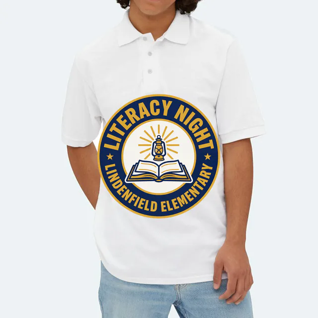 A book and lantern badge for Lindenfield literacy night, on a white adult polo