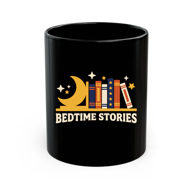 A crescent moon holding up a row of books, BEDTIME STORIES, on a black mug