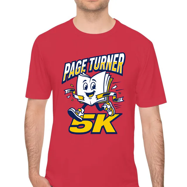 An open book in sneakers breaking the tape, PAGE TURNER 5K, on a red performance tee