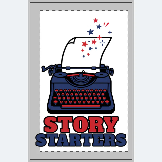 A typewriter sending up little stars, STORY STARTERS, on a white dotted notebook