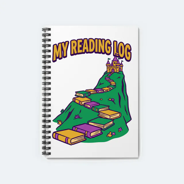 A path of books leading to a castle, MY READING LOG, on a white spiral notebook