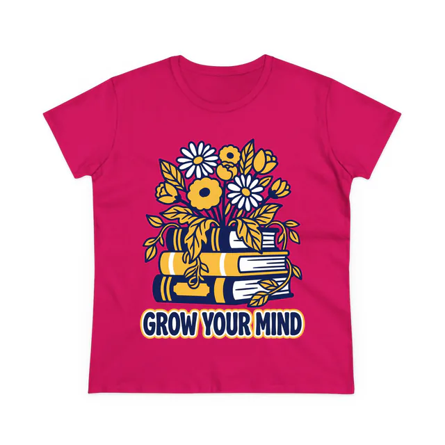 Flowers growing from a stack of books, GROW YOUR MIND, on a heliconia women's t-shirt
