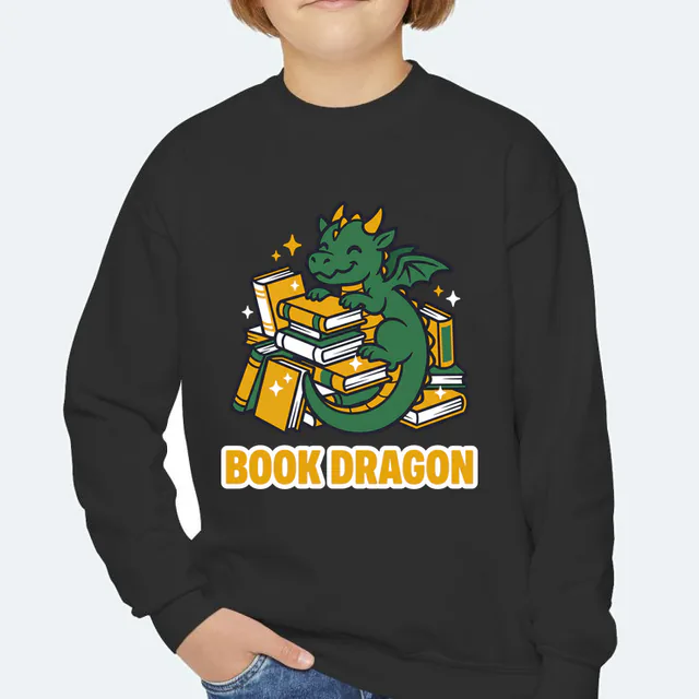 A friendly dragon guarding a pile of books, BOOK DRAGON, on a black youth crewneck