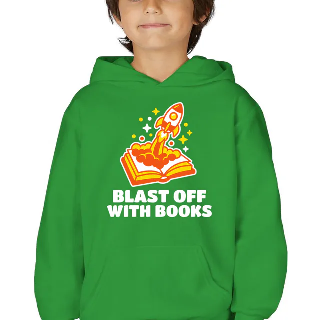 A rocket launching out of an open book, BLAST OFF WITH BOOKS, on a kelly green youth hoodie