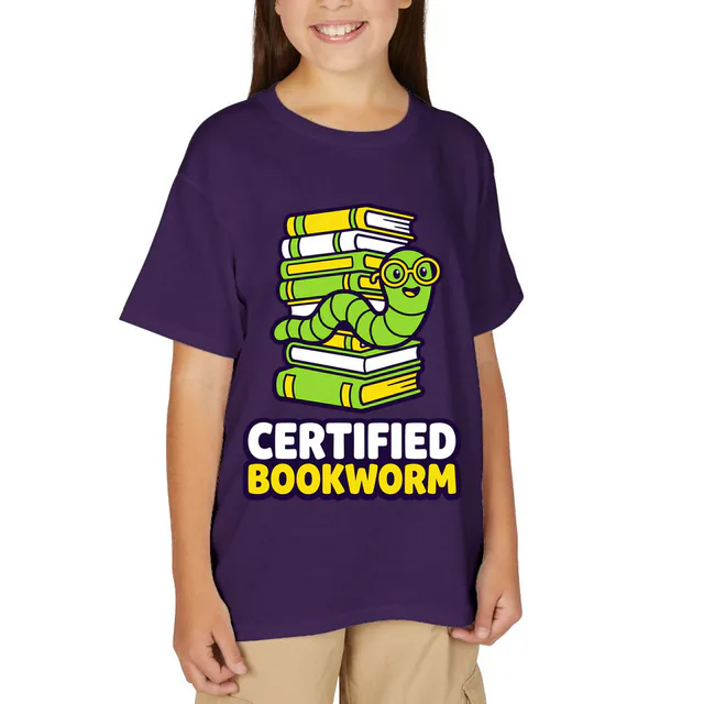 A bookworm in glasses popping out of a stack of books, on a purple youth t-shirt