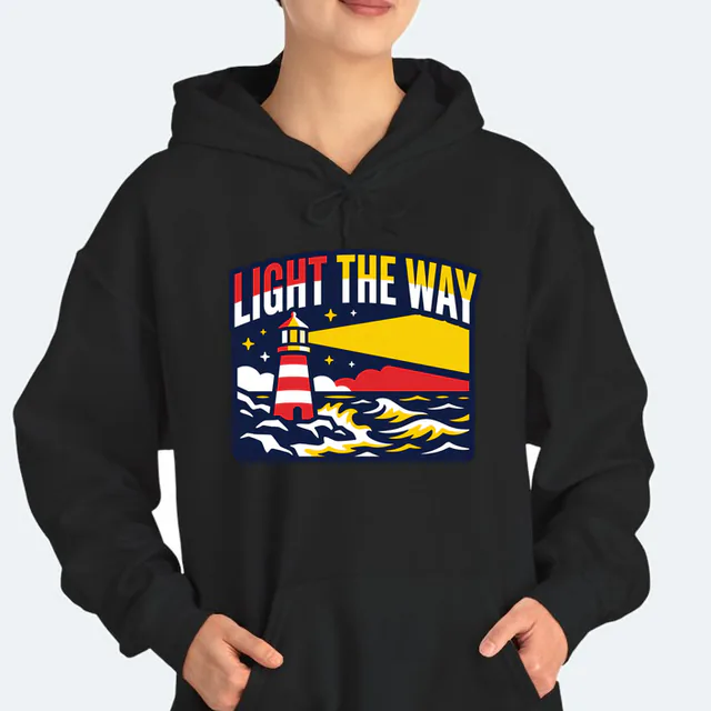 A striped lighthouse beam across the sea, LIGHT THE WAY, on a black adult hoodie