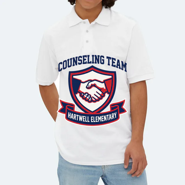 A handshake shield for the Hartwell counseling team, on a white adult polo