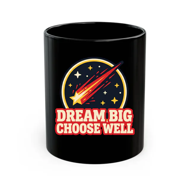 A shooting star with a long red trail, DREAM BIG CHOOSE WELL, on a black mug