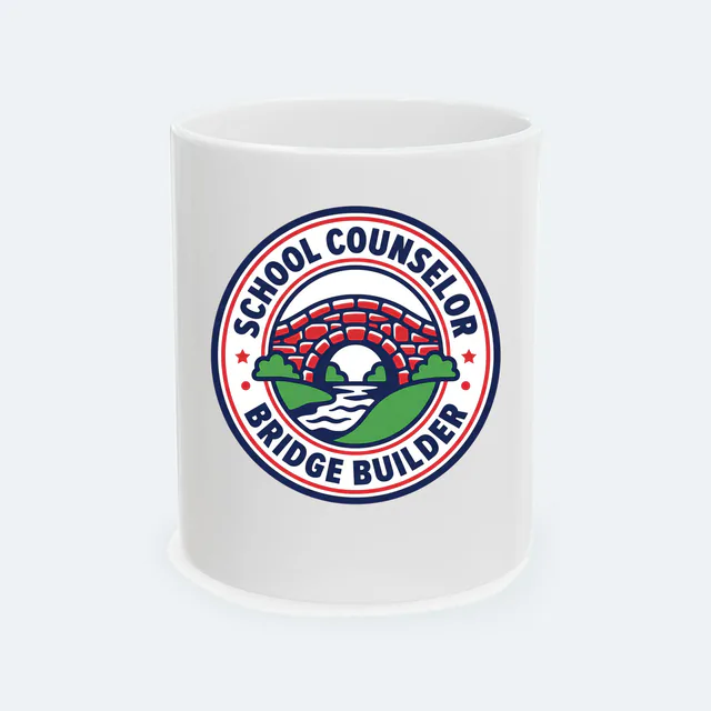 A stone bridge badge, SCHOOL COUNSELOR BRIDGE BUILDER, on a white ceramic mug