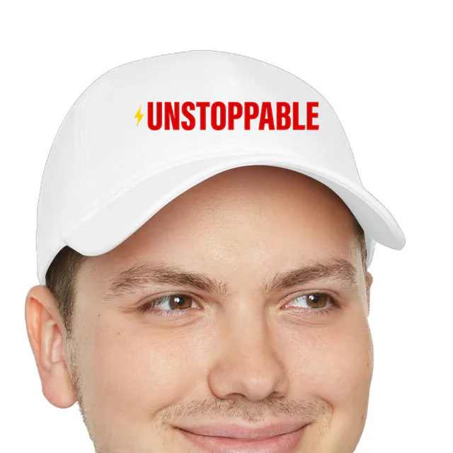 A tiny lightning bolt beside UNSTOPPABLE, on a white dad hat