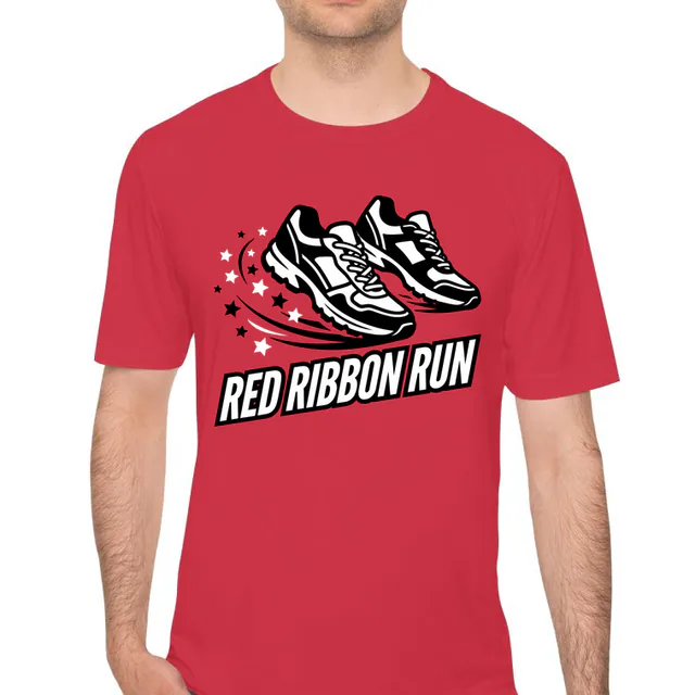 Sneakers mid-stride leaving a trail of stars, RED RIBBON RUN, on a red performance tee