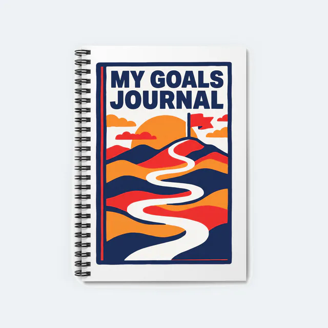 A winding path climbing to a red flag, MY GOALS JOURNAL, on a white spiral notebook