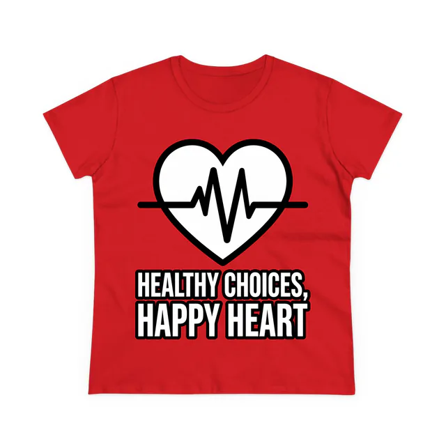 A heart with a heartbeat line, HEALTHY CHOICES HAPPY HEART, on a red women's t-shirt