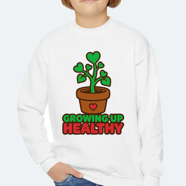 A heart-leaf sprout growing tall, GROWING UP HEALTHY, on a white youth crewneck
