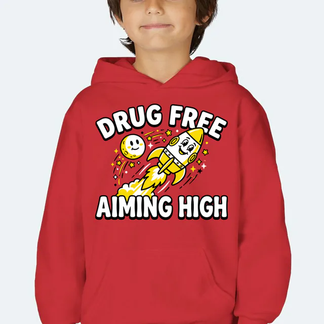 A smiling rocket blasting past the moon, AIMING HIGH, on a red youth hoodie