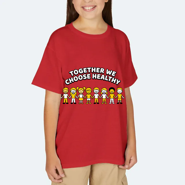 Smiling kids holding hands in a row, TOGETHER WE CHOOSE HEALTHY, on a red youth t-shirt
