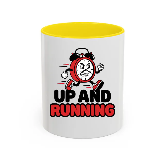 An alarm clock on running legs, UP AND RUNNING, on a yellow accent mug