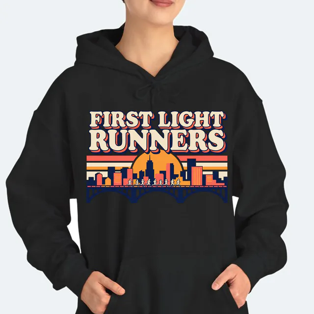 Runners crossing a bridge at dawn, FIRST LIGHT RUNNERS, on a black adult hoodie