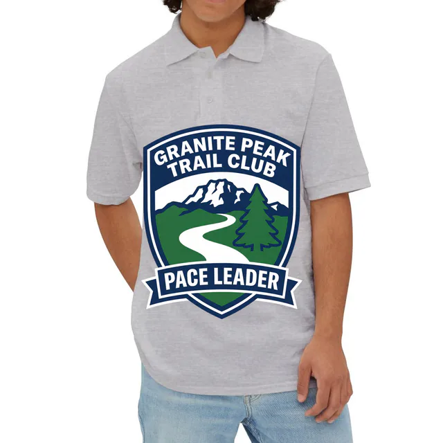 A mountain trail shield for the Granite Peak pace leaders, on an athletic heather adult polo