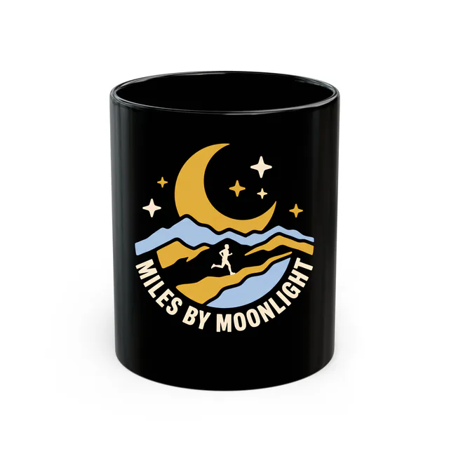 A lone runner on a ridge under the moon, MILES BY MOONLIGHT, on a black mug