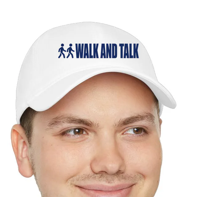 Two little walkers beside WALK AND TALK, on a white dad hat