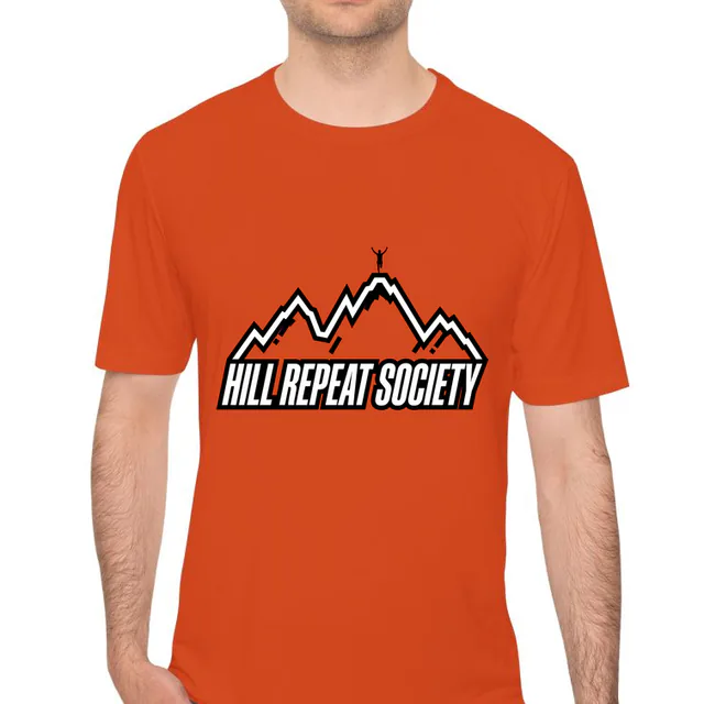 A runner on top of a jagged hill profile, HILL REPEAT SOCIETY, on an orange performance tee
