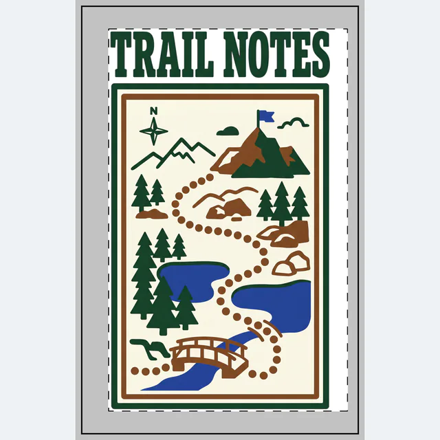 A dotted trail winding up to a summit, TRAIL NOTES, on a white dotted notebook