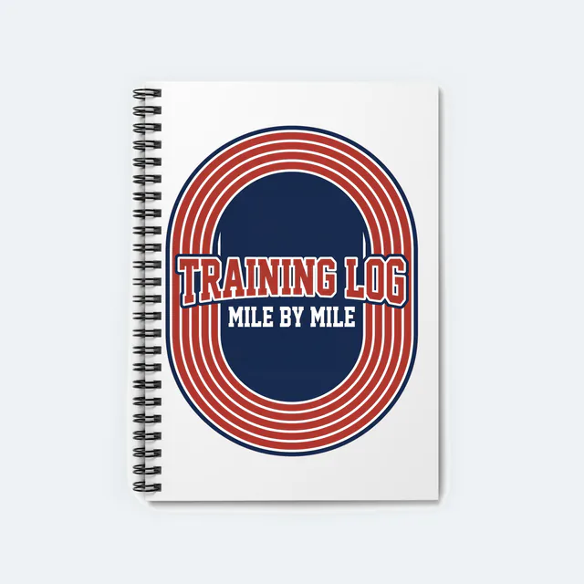 A running track from above, TRAINING LOG, on a white spiral notebook