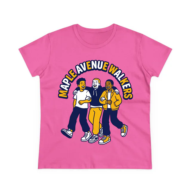 Three friends walking arm in arm, MAPLE AVENUE WALKERS, on an azalea women's t-shirt