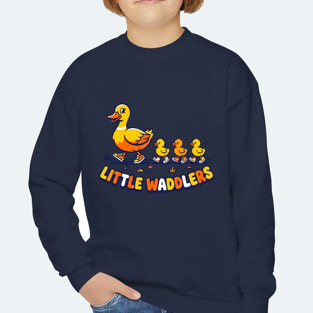 Ducklings in sneakers following their mother, LITTLE WADDLERS, on a navy youth crewneck