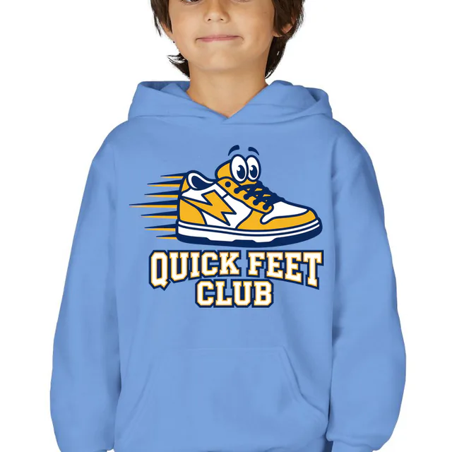 A grinning sneaker with a lightning bolt, QUICK FEET CLUB, on a carolina blue youth hoodie