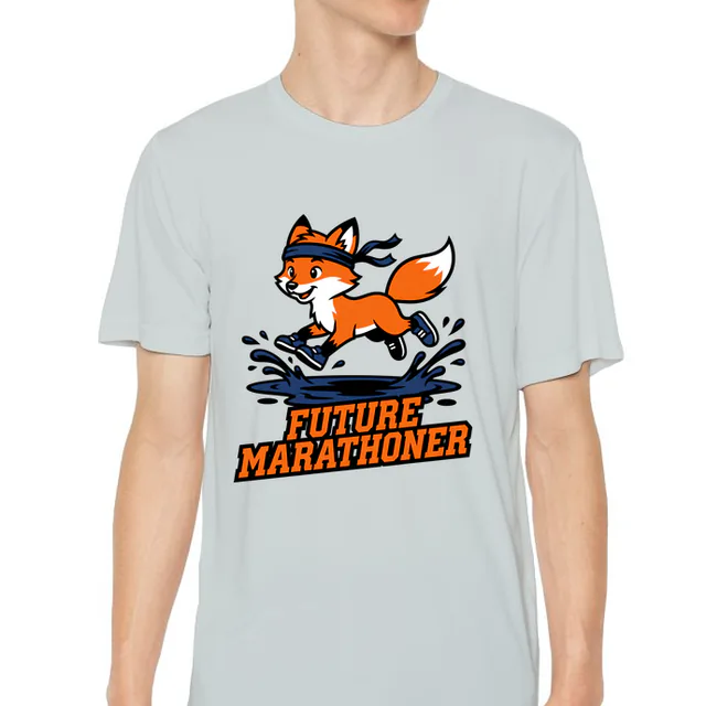 A fox in a headband leaping a puddle, FUTURE MARATHONER, on a silver youth performance tee