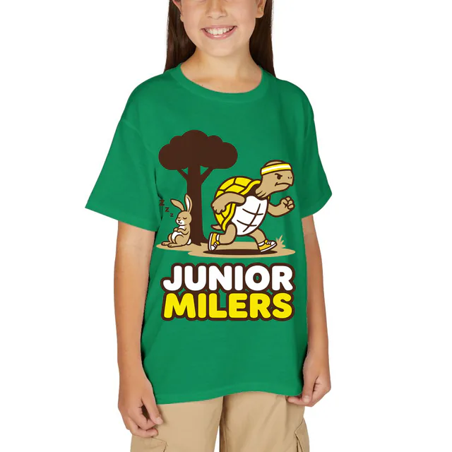 A tortoise in sneakers passing a sleeping hare, JUNIOR MILERS, on a kelly green youth t-shirt