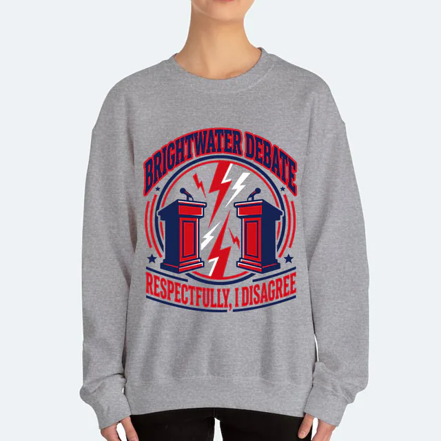 Two podiums trading lightning, RESPECTFULLY, I DISAGREE, on a sport gray adult crewneck
