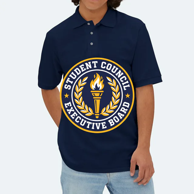 A torch and laurel seal for the student council executive board, on a navy adult polo