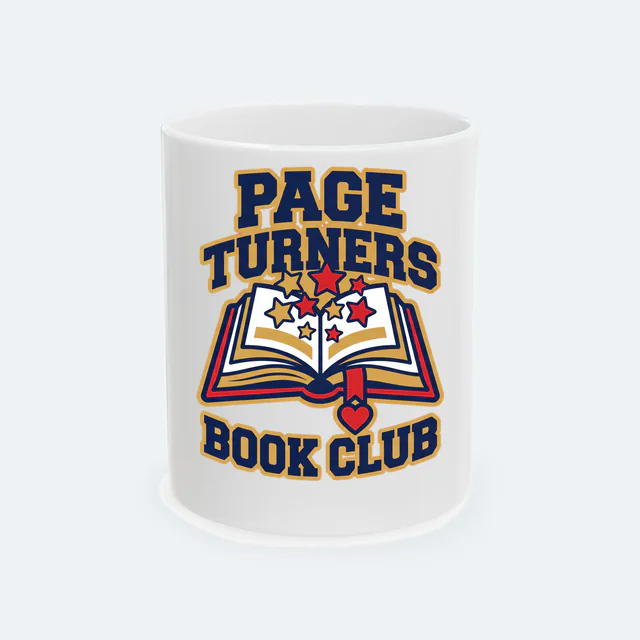 An open book with a heart bookmark, PAGE TURNERS BOOK CLUB, on a white ceramic mug
