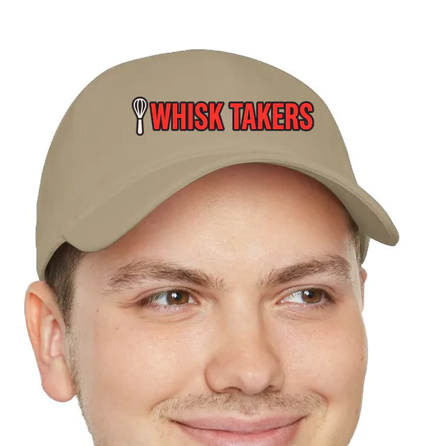 A little whisk beside WHISK TAKERS, on a khaki dad hat