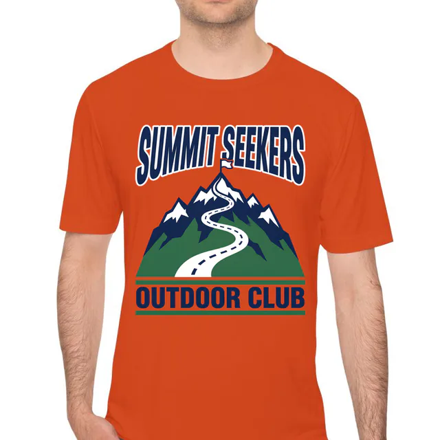 A trail to a summit flag, SUMMIT SEEKERS OUTDOOR CLUB, on an orange performance tee