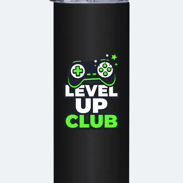 A game controller popping stars over LEVEL UP CLUB, on a black steel tumbler