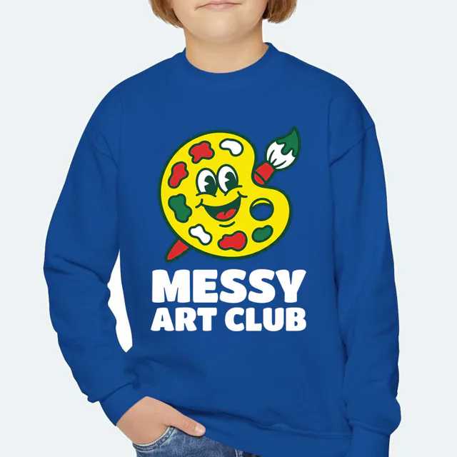 A smiling paint palette for the MESSY ART CLUB, on a royal youth crewneck